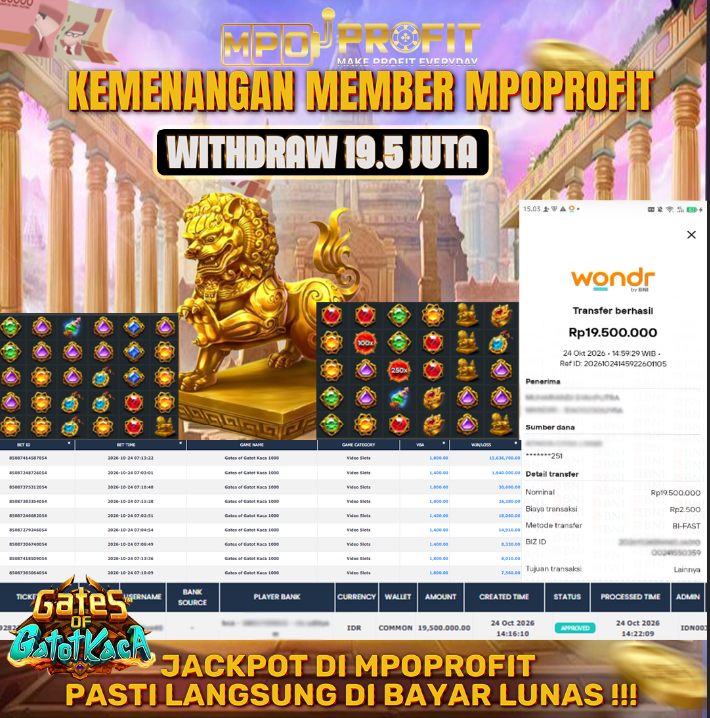 MPOPROFIT JACKPOT PG SOFT! KEMENANGAN MURNI DI (GATES OF GATOT KACA 1000 TOTAL 19.500.000,- LUNAS)